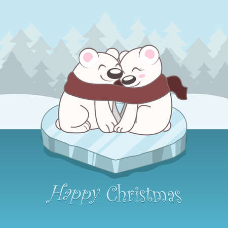 Illustration of cute polar bears cuddling on a heart shaped ice slabのイラスト素材