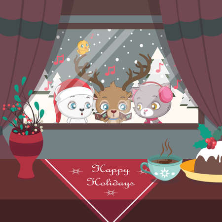 Peaceful Christmas scene with animals singing carolsのイラスト素材