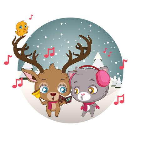 Cute reindeer, cat and little bird singing Christmas carolsのイラスト素材