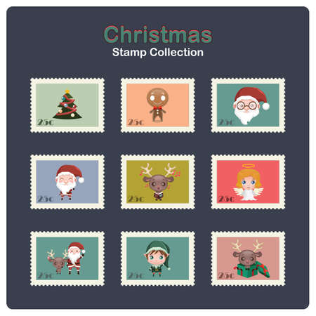Set of nine different colorful Christmas stampsのイラスト素材