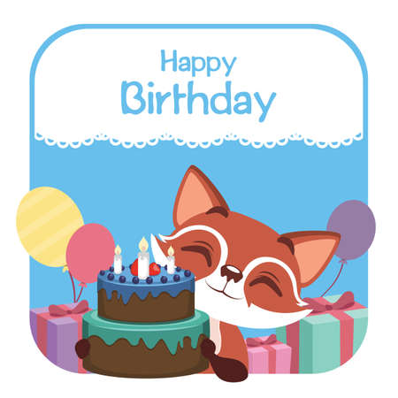 Birthday illustration with cute fox.のイラスト素材