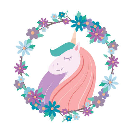 Pretty smiling unicorn with floral wreathのイラスト素材
