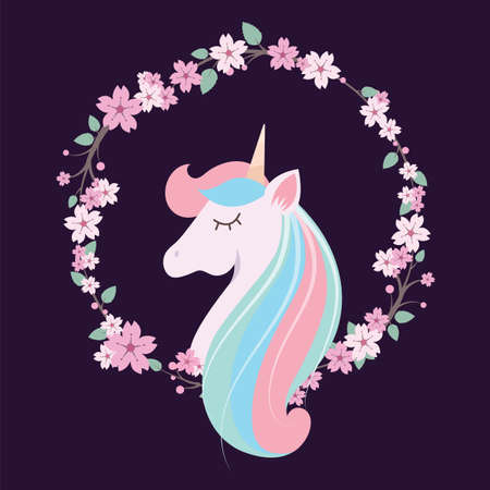 Colorful lovely unicorn with floral wreath and dark bacgroundのイラスト素材