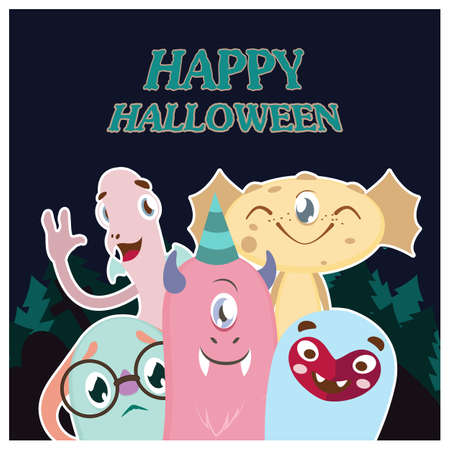 Halloween greeting card with colorful monstersのイラスト素材