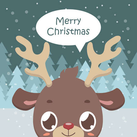 Merry Christmas greeting card design template. Cute reindeer greeting with snowy backgroundのイラスト素材