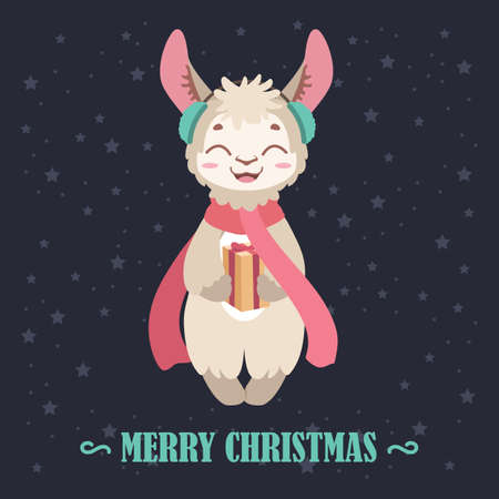 Christmas greeting card template with a happy llamaのイラスト素材