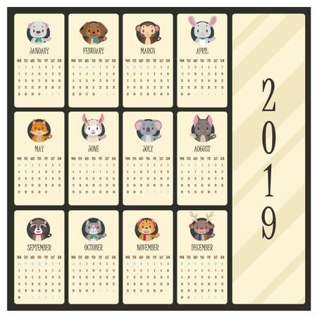 2019 Calendar with cute animal portraitsのイラスト素材