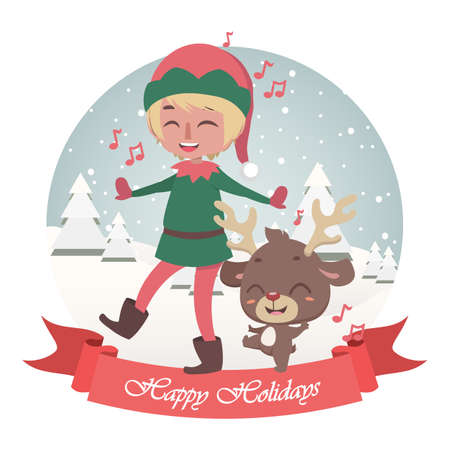 Cute Christmas greeting with singing jolly elf and reindeerのイラスト素材