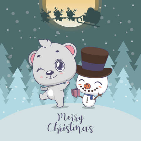 Cute Christmas greeting with a polar bear and snowmanのイラスト素材