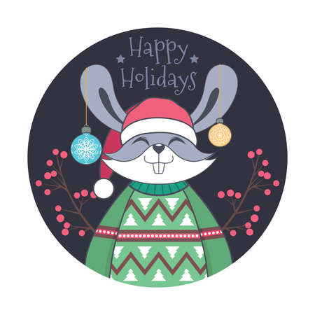 Christmas greeting with a cute rabbit in an ugly sweaterのイラスト素材