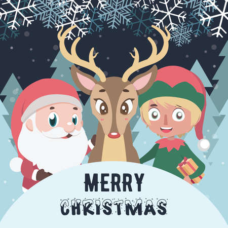 Merry Christmas greeting with Santa, elf and reindeerのイラスト素材