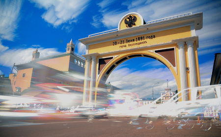 ULAN-UDE, RUSSIA - MARCH 8, 2014: Arc de Triomphe "Tsar's Gate" in Ulan-Ude, Russia. The arch dedicated to the visit of the Crown Prince Nicholas on June 20-21, 1891.のeditorial素材