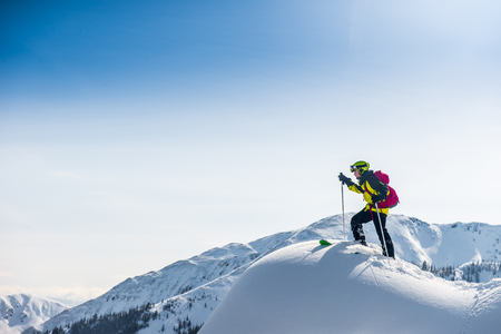 Skier walking on top of the mountain in Russiaの写真素材