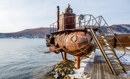 Old submarine near lake Baikal in Russiaの写真素材