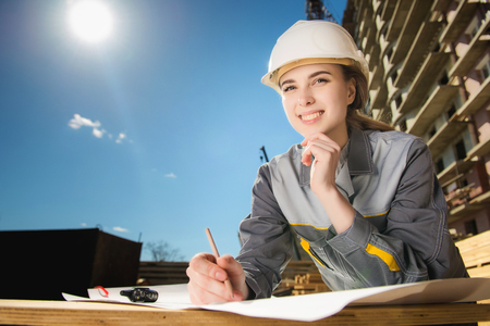 Female worker at a constructionの写真素材