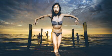 dancer water sunsetの写真素材