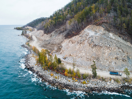 aerial view road shoreの写真素材
