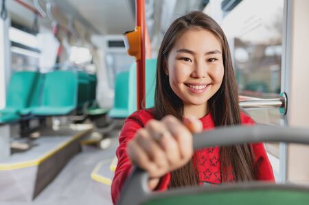 asian passenger tramway travel portrait happy studentの写真素材