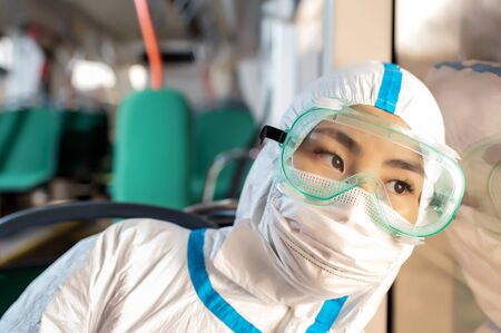 public transport person protection virus passenger asianの写真素材