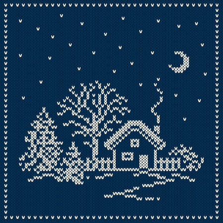 Winter Holiday Landscape. Christmas Sweater Design. Seamless Knitted Patternのイラスト素材
