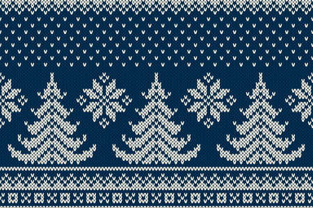 Winter Holiday Seamless Knitting Pattern with a Christmas Trees and Snowflakes. Knitted Sweater Designのイラスト素材
