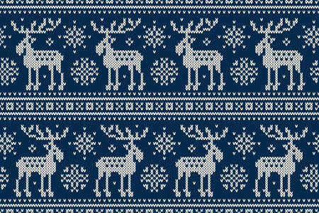 Winter Holiday Seamless Knitted Pattern with Elks and Snowflakes. Knitting Sweater Design. Wool...