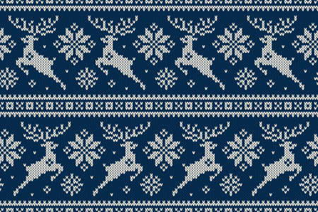 Winter Holiday Seamless Knitting Pattern with Christmas Reindeer and Snowflakes. Wool Knitted Sweater Design.のイラスト素材