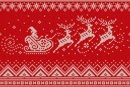 Santa Claus Rides Reindeer Sleigh Silhouette. Christmas Seamless Knitted Pattern. Knitting Wool Sweater Design.のイラスト素材