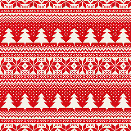 Winter Holiday Seamless Pixel Pattern with Christmas Tree and Snowflakes. Scheme for Cross Stitch Embroidery and Knitted Sweater Pattern Design.のイラスト素材