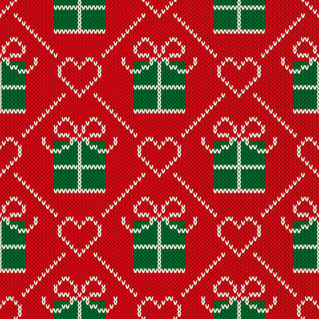 Christmas Seamless Knitted Pattern with a Holiday Present Box. Wool Knitting Sweater Designのイラスト素材