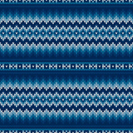 Fair Isle Style Sweater Knitted Pattern. Vector Seamless Knit Texture with Shades of Blue Colors. Christmas and New Year Background.のイラスト素材