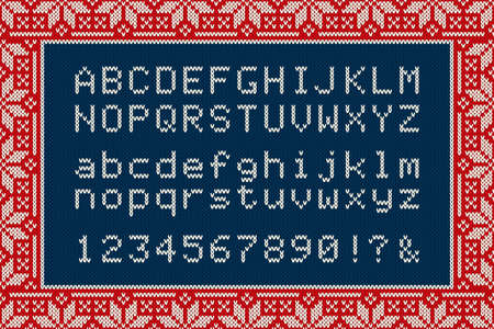 Christmas Knitted Font. Latin Alphabet Letters and Numbers on Knit Background - Vector.のイラスト素材