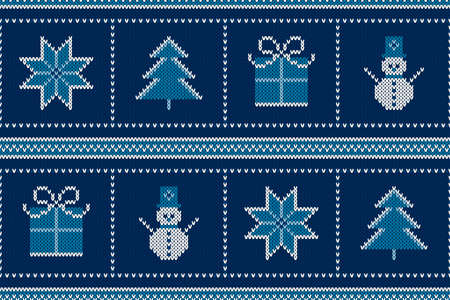 Winter Holiday Seamless Knitted Pattern with a Snowman, Snowflake, Present Box and Christmas Tree. Wool Knitting Sweater Design.のイラスト素材