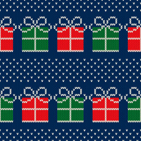 Christmas Holiday Seamless Knitted Pattern with a Present Boxes. Nordic Fair Isle Sweater Design. Wool Knit Texture Imitation.のイラスト素材