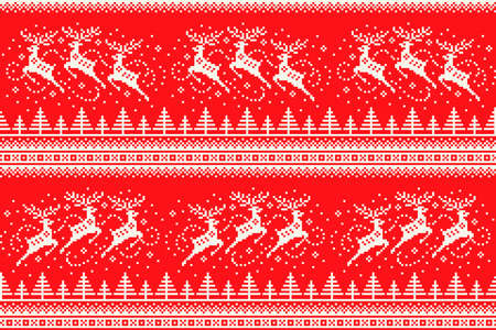 Winter Holiday Pixel Pattern with Reindeers Flying over the Winter Forest. Traditional Nordic Seamless Striped Ornament. Scheme for Knitted Sweater Pattern Design or Cross Stitch Embroideryのイラスト素材