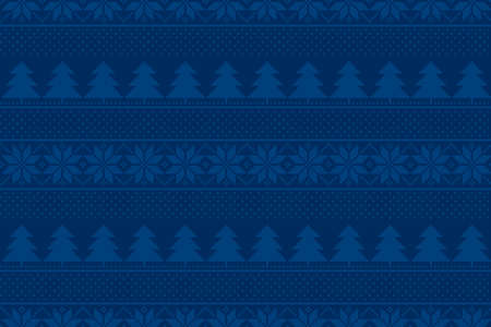 Winter Holiday Pixel Pattern with Christmas Trees and Snowflakes Ornament. Vector Seamless Holiday Design Background in Shades of Blue Colorのイラスト素材