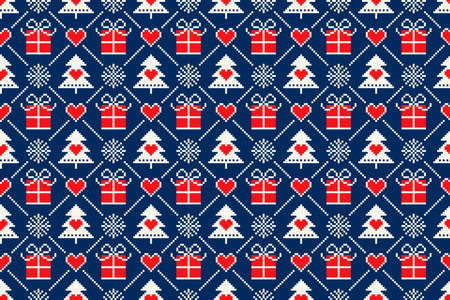 Winter Holiday Pixel Seamless Pattern with Christmas Symbols. Christmas Trees, Snowflakes, Present Boxes and Hearts Ornament. Scheme for Knitted Sweater Pattern Design or Cross Stitch Embroideryのイラスト素材