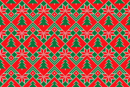 Winter Holiday Pixel Seamless Pattern. Christmas Trees and Stars  Ornament. Scheme for Knitted...