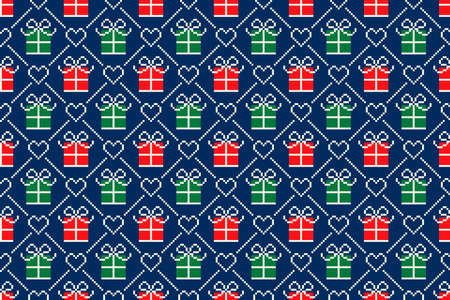 Christmas Pixel Pattern with Gift Present Boxes and Hearts Ornament. Ugly Sweater Party Pattern Design. Scheme for Patchwork Quilt or Knitted Sweater Pattern Designのイラスト素材