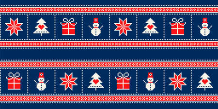 Winter Holiday Pixel Pattern with a Christmas Symbols. Snowflake, Christmas Tree, Present Box and Snowman Ornament. Vector Seamless Holiday Design Backgroundのイラスト素材