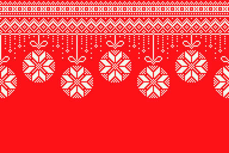 Winter Holiday Pixel Pattern. Garland of Christmas Tree Balls Ornament. Christmas and New Year Vector Seamless Background with a Place for Logo and Text. Scheme for Knitted Sweater Pattern Designのイラスト素材