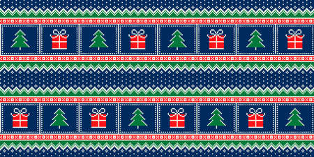 Winter Holiday Pixel Pattern with a Christmas Symbols. Christmas Tree and Gift Box Seamless Squared Ornament. Vector Scheme for Knitted Sweater Pattern Design or Cross Stitch Embroideryのイラスト素材