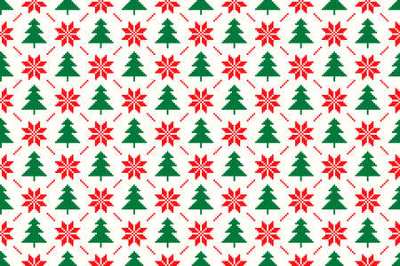 Winter Holiday Pixel Seamless Pattern. Christmas Tree and Christmas Star Argyle Ornament. Vector Seamless Scheme for Knitted Sweater Pattern Design or Cross Stitch Embroideryのイラスト素材