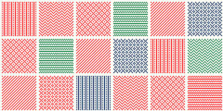 Abstract Checkered Pixel Patterns. Composition of 6 Christmas Holidays Ornaments. Scheme for Patchwork Quilt or Knitted Sweater Pattern Designのイラスト素材