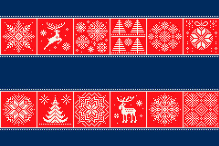 Christmas Holiday Pixel Pattern. Reindeer, Elk, Christmas Trees and Snowflakes Ornaments. Knitted Sweater Pattern Design. Seamless Background with a Place for the Greeting Text or Logoのイラスト素材