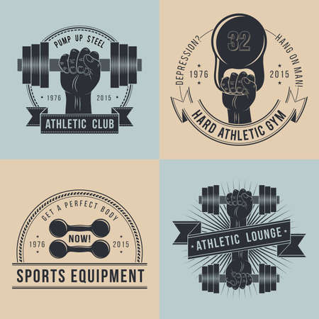Logos for sport athletic club in vintage style. Hand with dumbbell logo.のイラスト素材