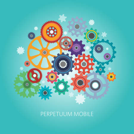 The complex mechanism of colorful gears. Set of colored cogwheels of different shapes and designs.のイラスト素材