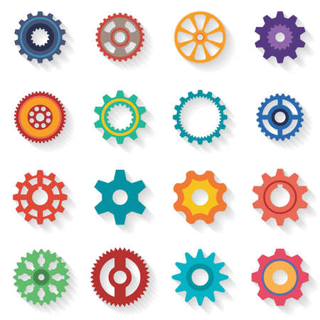 A set of cogwheels of different configurations and color in flat style. Shadows are grouped separately and can be easily removed.のイラスト素材
