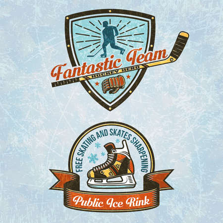 Logo of the hockey team. Logo of the ice rink. Hockey emblems in vintage style. Texture of ice on separate layers and easily disabled.のイラスト素材