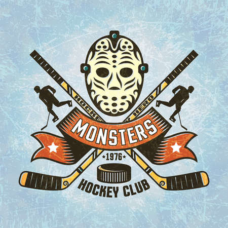 Logo for hockey team - retro Goalie mask crossed hockey sticks, puck, hockey player silhouettes, vintage ribbon. Texture on separate layers.Text grouped separately and can be removed.のイラスト素材